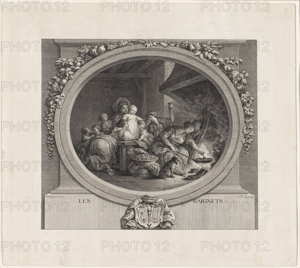 Fritters, n.d., Nicolas Delaunay (French, 1739-1792), after Jean Honoré Fragonard (French, 1732-1806), France, Engraving in black ink on ivory laid paper, 269 × 305 mm (image), 290 × 325 mm (plate), 370 × 414 mm (sheet)