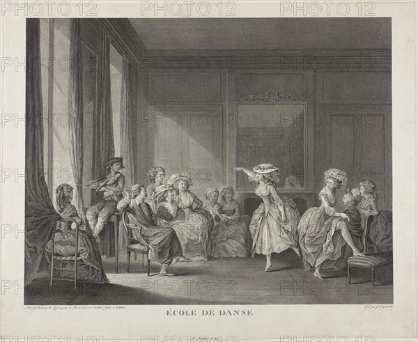 Dancing School, 1785, François Dequevauviller (French, 1745-1807), after Nicolas Lavreince (Swedish, 1737-1807), France, Engraving on ivory laid paper, 290 × 371 mm (image), 340 × 419 mm (sheet)
