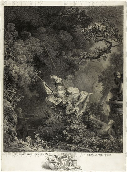 The Happy Accident of the Swing, 1792, Nicolas Delaunay (French, 1739-1792), after Jean Honoré Fragonard (French, 1732-1806), France, Engraving in black ink on ivory laid paper, 582 × 425 mm (image/plate), 602 × 445 mm (sheet)