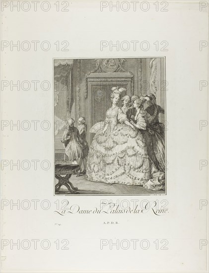The Queen’s Lady-in-Waiting, from Monument du Costume Physique et Moral de la fin du Dix-huitième siècle, 1777, Pietro Antonio Martini (Italian, 1738-1797), after Jean Michel Moreau (French, 1741-1814), published by Laurent-François Prault (French 1712-1780), Italy, Engraving on paper, 270 x 220 mm (image), 412 x 327 mm (plate), 536 x 412 mm (sheet, folded)