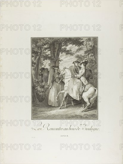 Meeting in the Woods of Boulogne, from Monument du Costume Physique et Moral de la fin du Dix-huitième siècle, n.d., Heinrich Guttenberg (German, 1749-1818), after Jean Michel Moreau (French, 1741-1814), published by Laurent-François Prault (French 1712-1780), Germany, Engraving on paper, 272 x 220 mm (image), 411 x 321 mm (plate), 514 x 410 mm (sheet, folded)