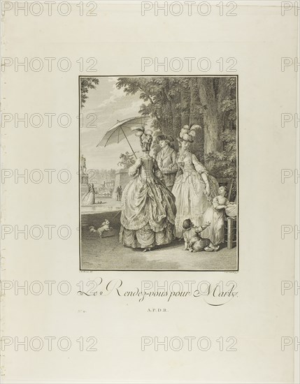 Rendezvous For Marly, from Monument du Costume Physique et Moral de la fin du Dix-huitième siècle, n.d., Heinrich Guttenberg (German, 1749-1818), after Jean Michel Moreau (French, 1741-1814), published by Laurent-François Prault (French 1712-1780), Germany, Engraving on paper, 267 x 217 mm (image), 410 x 321 mm (plate), 527 x 411 mm (sheet, folded)