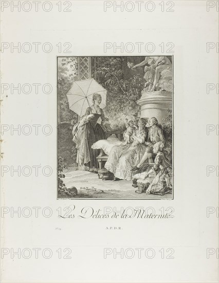 The Delights of Motherhood, from Monument du Costume Physique et Moral de la fin du Dix-huitième siècle, 1777, Isidor-Stanislas Helman (French, 1743-1806 or 1809), after Jean Michel Moreau (French, 1741-1814), published by Laurent-François Prault (French 1712-1780), France, Engraving on paper, 268 × 216 mm (image), 409 × 317 mm (plate), 534 × 414 mm (sheet, folded)