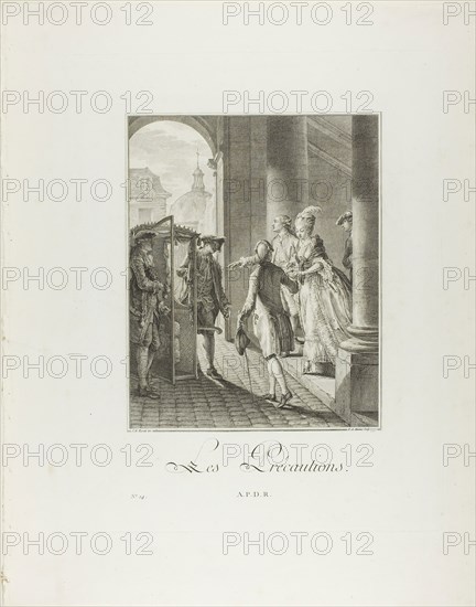 The Precautions, from Monument du Costume Physique et Moral de la fin du Dix-huitième siècle, 1777, Pietro Antonio Martini (Italian, 1738-1797), after Jean Michel Moreau (French, 1741-1814), published by Laurent-François Prault (French 1712-1780), Italy, Engraving on paper, 270 x 216 mm (image), 414 x 325 mm (plate), 522 x 413 mm (sheet, folded)