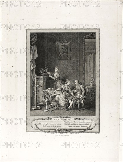 The Occupation, from Monument du Costume Physique et Moral de la fin du Dix-huitième siècle, 1774, Charles Louis Lingée (French, 1748-1819), after Sigmund Freudeberg (Swiss, 1745-1801) and Jean Henri Eberts (Swiss, 18th century), published by Laurent-François Prault (French 1712-1780), France, Engraving on paper, 285 × 223 mm (image), 405 × 321 mm (plate), 550 × 413 mm (sheet)