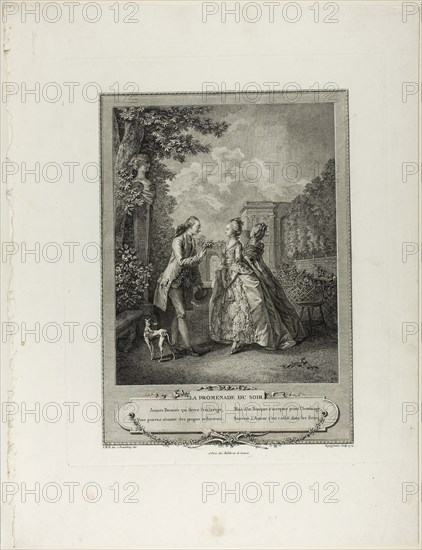 Evening Walk, from Monument du Costume Physique et Moral de la fin du Dix-huitième siècle, 1774, François Robert Ingouf (French, 1747-1812), after Sigmund Freudeberg (Swiss, 1745-1801) and Jean Henri Eberts (Swiss, 18th century), published by Laurent-François Prault (French 1712-1780), France, Engraving on paper, 278 × 223 mm (image), 408 × 322 mm (plate), 545 × 414 mm (sheet)