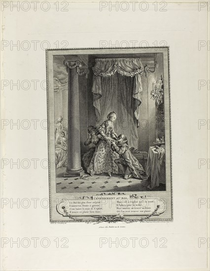 The Event at the Ball, from Monument du Costume Physique et Moral de la fin du Dix-huitième siècle, 1774, Antoine-Jean Duclos (French, 1742-1795) and Francois Robert Ingouf (French, 1747-1812), after Sigmund Freudeberg (Swiss, 1745-1801) and Jean Henri Eberts (Swiss, 18th century), published by Laurent-François Prault (French 1712-1780), France, Engraving on paper, 276 × 220 mm (image), 408 × 322 mm (plate), 540 × 412 mm (sheet, folded), Sleeve Band, 19th century, Czech Republic, Moravia, Czech Republic, Linen, plain weave, embroidered with silk