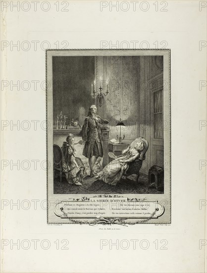 Winter Evening, from Monument du Costume Physique et Moral de la fin du Dix-huitième siècle, 1774, François Robert Ingouf (French, 1747-1812), after Sigmund Freudeberg (Swiss, 1745-1801) and Jean Henri Eberts (Swiss, 18th century), published by Laurent-François Prault (French 1712-1780), France, Engraving on paper, 279 × 224 mm (image), 408 × 324 mm (plate), 550 × 416 mm (sheet)