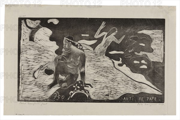 Auti te pape (Women at the River) from the Noa Noa Suite, 1893/94, printed and published 1921, Paul Gauguin (French, 1848-1903), printed by Pola Gauguin (Danish, born France, 1883-1961), published by Christian Cato, Copenhagen, France, Wood-block print in black ink on grayish-ivory China paper, 205 × 355 mm (image), 266 × 417 mm (sheet)
