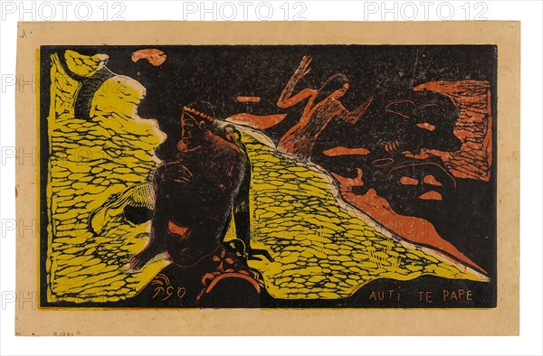 Auti te pape (Women at the River), from the Noa Noa Suite, 1894, Paul Gauguin (French, 1848-1903), printed in collaboration with Louis Roy (French, 1862-1907), France, Wood-block print in black ink, over stenciled dark-red ink and a yellow-ink tone block, on cream wove paper (an imitation Japanese vellum), 207 × 358 mm (image), 246 × 395 mm (sheet)
