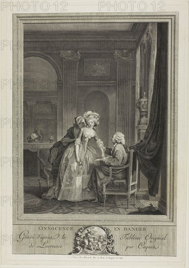 Innocence in Danger, c. 1785, Jean Gabriel Caquet (French, 1749-1802), after Nicolas Lavreince (Swedish, 1737-1807), France, Engraving on ivory laid paper, 370 × 251 mm (image), 387 × 269 mm (plate), 401 × 284 mm (sheet)