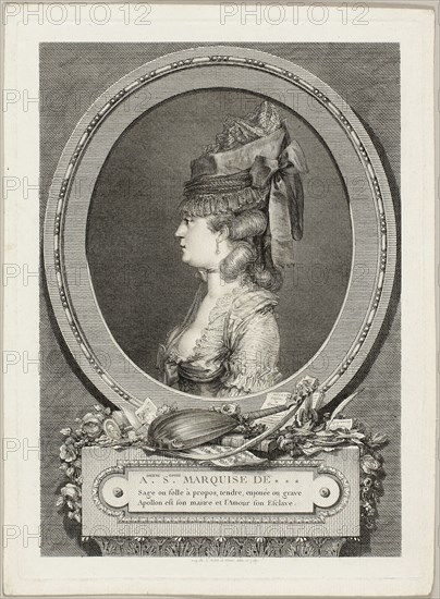 Adrienne-Sophie, Marquise of ***, 1779, Augustin de Saint-Aubin, French, 1736-1807, France, Etching and engraving in black on ivory laid paper, 260 × 183 mm (image), 284 × 205 mm (plate), 300 × 218 mm (sheet)
