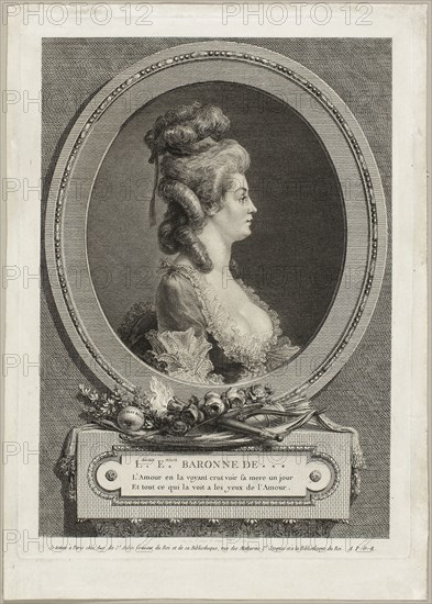 Louise Émilie, Baroness of ***, 1779, Augustin de Saint-Aubin, French, 1736-1807, France, Etching and engraving in black on ivory laid paper, 259 × 181 mm (image), 280 × 202 mm (plate), 306 × 220 mm (sheet)