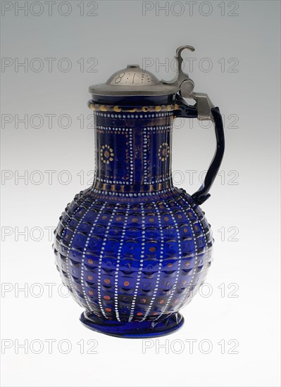 Covered Jug, 1581, Bohemia, Bohemia, Blue glass, enamel, and pewter, H. 18.7 × 11.1 cm (7 3/8 × 4 3/8 in.)
