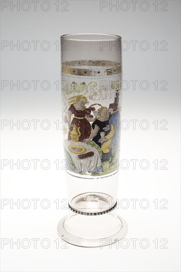 Beaker, c. 1590, Bohemian or German, Bohemia, Colorless glass and enamel, H: 29.5 cm (11 5/8 in.), diameter: 8.3 cm (3 1/4 in.)