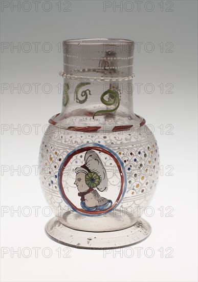 Jug with the Head of a Woman, 1597, Bohemian, Bohemia, Colorless glass and enamel, 16 × 11.1 cm (6 5/16 × 4 3/8 in.), Wt. 265 g (8.5 oz.)