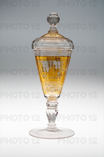 Wine Glass and Cover, c. 1730, Bohemia, Czech Republic, Bohemia, Glass with engraved gold leaf decoration, 24.8 × 7.6 cm (9 3/4 × 3 in.)