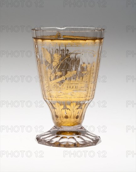 Beaker with Battle Scene, c. 1730, Bohemia, Czech Republic, Bohemia, Glass with engraved gold leaf decoration, 11.4 × 9.8 cm (4 1/2 × 3 7/8 in.)
