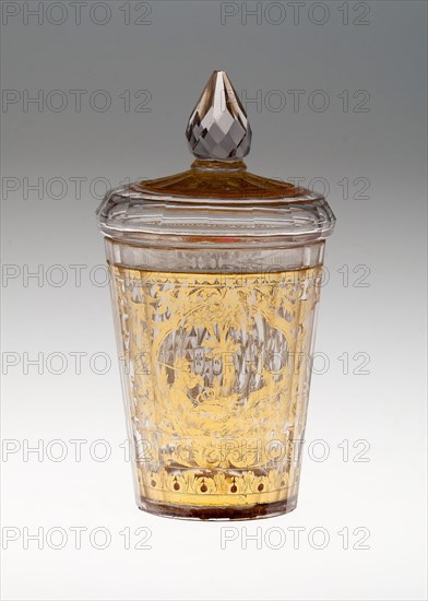 Covered Beaker with Coat of Arms and Hunting Scene, c. 1730, Bohemia, Czech Republic, Bohemia, Glass with engraved gold leaf decoration, 22 × 7.3 cm (8 5/8 × 2 7/8 in.)