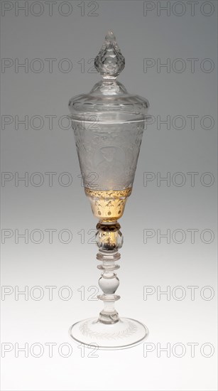 Wine Glass and Cover, Early 18th century, Bohemia, Czech Republic, Bohemia, Glass with engraved gold leaf decoration, 39.4 × 9.2 cm (15 1/2 × 3 5/8 in.)