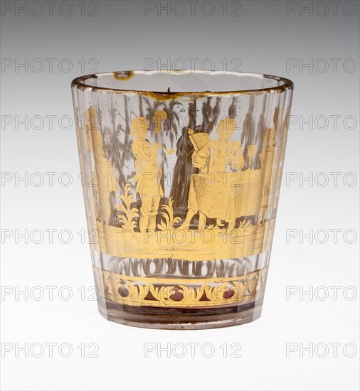 Beaker, c. 1730, Bohemia, Czech Republic, Bohemia, Glass with engraved gold leaf decoration, 7.6 × 7 cm (3 × 2 3/4 in.)