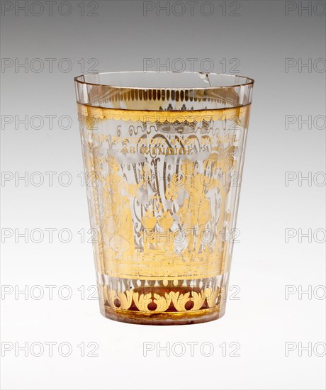 Beaker, c. 1730, Bohemia, Czech Republic, Bohemia, Glass with engraved gold leaf decoration, 9.2 × 6.8 cm (3 5/8 × 2 11/16 in.)