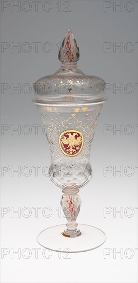 Covered Goblet, c. 1730, Bohemia, Czech Republic, Bohemia, Glass, cut with ruby glass and gold decoration, 30.5 cm 9.8 cm (12 × 3 7/8 in.)