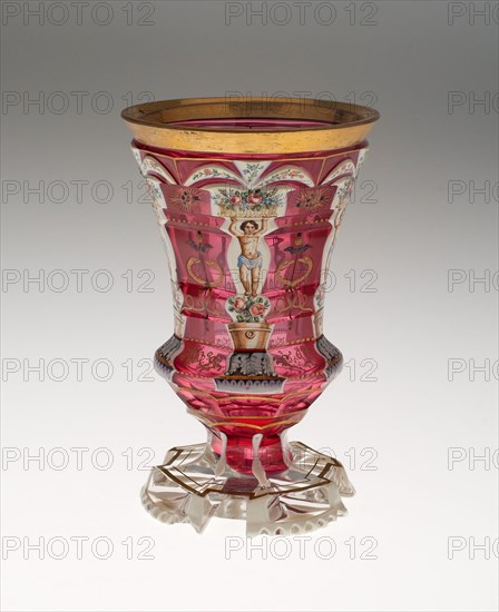 Beaker, c. 1840/50, Bohemia, Czech Republic, Bohemia, Glass, blown, cut, stained, enamelled and gilded, 14.5 × 9.2 cm (5 11/16 × 3 5/8 in.)