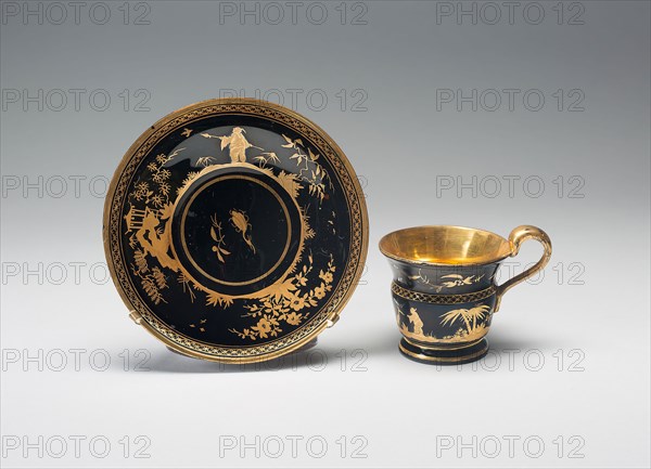 Cup and Saucer, c. 1825, Bohemia, Czech Republic, Bohemia, Glass, black, blown and gilded, Cup: 8.4 × 8.6 cm (3 5/16 × 3 3/8 in.)