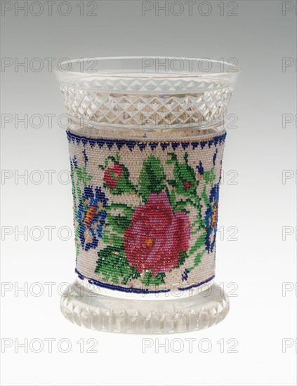 Beaker with Beaded Band, 1820/40, Bohemia, Czech Republic, Bohemia, Glass, blown, cut and polished, encased in sleeve of roses and pansies made of colored glass beads woven on a silk net ground, 12.4 × 9.2 cm (4 7/8 × 3 5/8 in.)