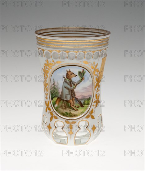 Beaker, c. 1850, Bohemia, Czech Republic, Bohemia, Glass, colorless, blown, cut, overlaid with opaque white glass, enameled and gilded, 12.4 × 8.1 cm (4 7/8 × 3 3/16 in.)