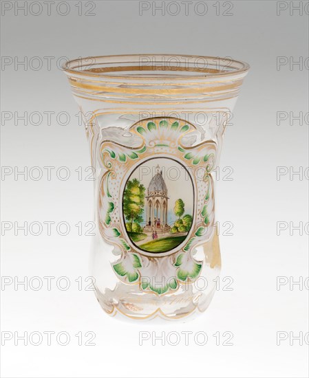 Beaker, c. 1850, Bohemia, Czech Republic, Bohemia, Glass, colorless, blown, cut, overlaid with opaque white glass, enameled and gilded, 12.4 × 9.2 cm (4 7/8 × 3 5/8 in.)