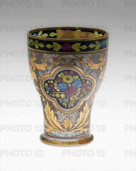 Beaker, c. 1830/50, Bohemia, Czech Republic, Bohemia, Glass with polychrome enamels and gilding, 11.4 × 8.4 cm (4 1/2 × 3 5/16 in.)