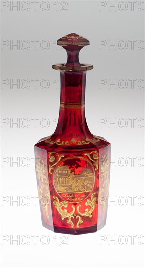 Bottle, Late 19th century, Bohemia, Czech Republic, Bohemia, Ruby glass, cased in colorless glass, blown, tooled and, gilded, 20.3 × 7.6 × 7.6 cm (8 × 3 × 3 in.)