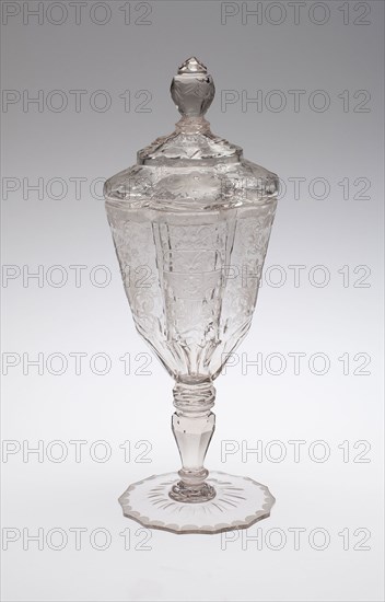 Covered Goblet, c. 1740, Germany, Riesengebirge, Riesengebirge, Blown and molded glass with engraved decoration, 27.3 × 10.4 cm (10 3/4 × 4 1/16 in.)