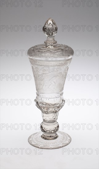 Covered Goblet (Pokal) with Musicians, 1730/40, Silesia, Poland, Silesia, Blown and molded glass with engraved decoration, H. 29.8 cm (11 3/4 in.)