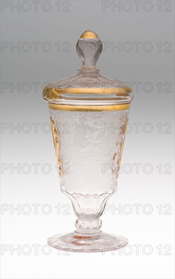 Wine Glass and Cover, c. 1740, Germany, Schleswig, Schleswig, Glass, engraved and gilt decoration, 8.6 x 8.3 cm (8 3/8 x 3 1/4 in.)