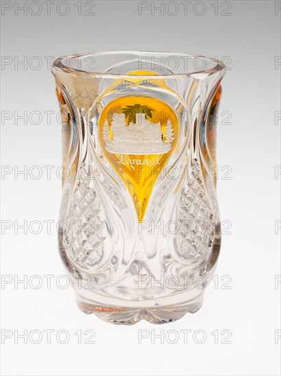 Beaker, c. 1840/50, Bohemia, Czech Republic, Bohemia, Glass, colorless, blown, cut, silver stained and engraved, 11.4 × 7.8 cm (4 1/2 × 3 1/16 in.)