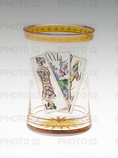 Beaker with Tarot Cards, c. 1820, Anton Kothgasser, Austrian, 1769-1851, Vienna, Austria, Vienna, Glass, colorless, blown, cut, transparent enamels and gilding, 10.5 x 7.1 cm (4 1/8 x 2 13/16 in.)