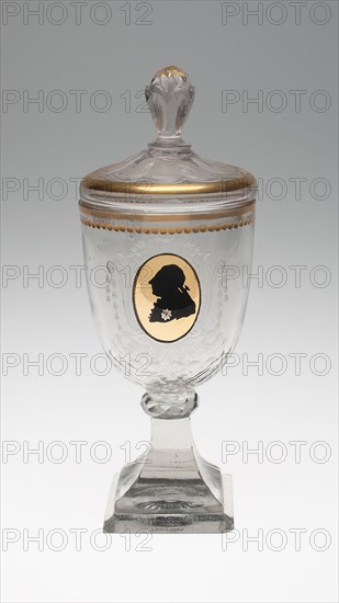 Covered Goblet with Silhouette Bust of King Frederich the Great, c. 1795, Germany, Silesia, Warmbrunn, Decorated by Johann Sigismund Menzel (German, 1744-1810), Germany, Glass, H. 24.8 cm (9 3/4 in.)