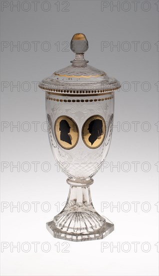 Covered Goblet with Male and Female Silhouettes, c. 1795, Germany, Silesia, Warmbrunn, Decorated by Johann Sigismund Menzel (German, 1744-1810), Germany, Glass, H. 26.5 cm (10 7/16 in.)
