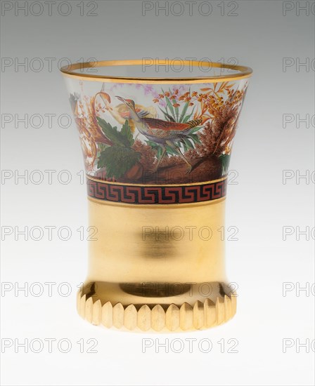 Beaker, c. 1820/30 or later, In the style of Anton Kothgasser, Austrian, 1769-1851, Vienna, Austria, Vienna, Glass, colorless, cut, transparent enamels and gilding, 10.6 x 9.1 cm (4 3/16 x 3 9/16 in.)