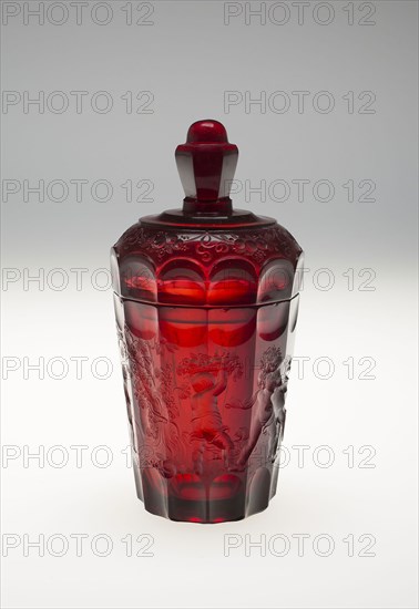 Beaker with Cover, 1685/1700, Engraving attributed to Gottfried von Spiller (German, born Czechoslovakia, c. 1663-1728), Germany, Potsdam, Potsdam, Ruby glass, 19.1 × 8.1 cm (7 1/2 × 3 3/16 in.)