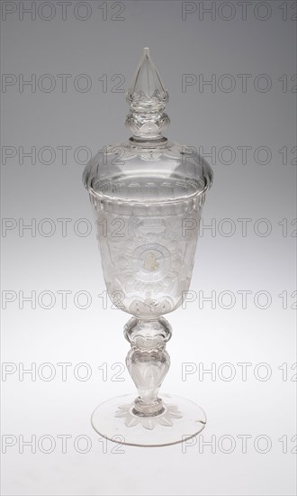 Covered Goblet (Pokal), 1713/20, Germany, Potsdam or Berlin, Germany, Blown and molded glass with engraving and applied medallion, H. 48.3 cm (19 in.)