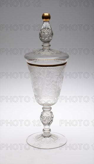 Covered Goblet (Pokal), 1715/25, Germany, Potsdam or Berlin, Germany, Blown and molded glass with engraved decoration and gilding, 41.5 × 13.1 cm (16 3/8 × 5 1/16 in.)