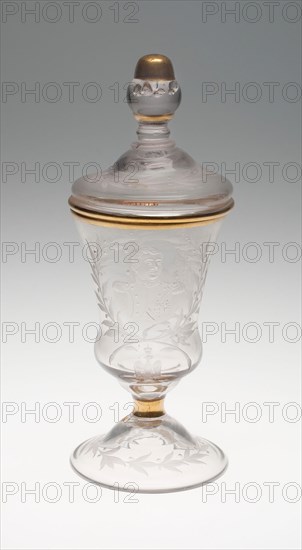 Goblet with cover, c. 1740 or early 19th century, Germany, Zechlin, Flecken Zechlin, Glass, engraved and gilt decoration, 24 × 8.7 cm (9 7/16 × 3 7/16 in.)