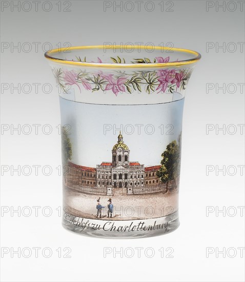Beaker, 1816, Germany, Berlin or Dresden, Carl von Scheidt (German, 19th century), Berlin, Glass, colorless, blown, cut, stained and enameled, 10.2 × 9.1 cm (4 × 3 9/16 in.)