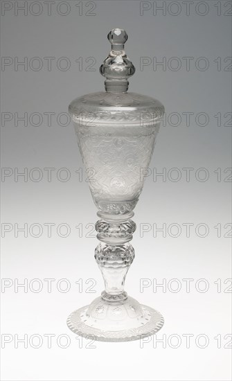 Goblet with Cover, c. 1750, Germany, Brunswick, Probably engraved by Johann Heinrich Balthasar (German, active 18th century), Brunswick, Glass, 32.7 × 9.5 cm (12 7/8 × 3 3/4 in.)