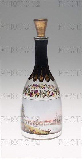 Bottle with a View of Dresden, 1814, Workshop of Samuel Mohn, German, 1762-1815, Dresden, Germany, Dresden, Glass, colorless, blown, stained and painted in transparent enamels and gilding, H. 25.4 cm (10 in.)