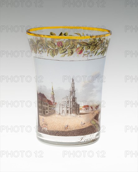 Beaker with a view of Dresden, 1816, Germany, Dresden, Gottlob Samuel Mohn (German, 1789-1825), Germany, Glass, colorless, blown, cut, stained and painted in transparent and opaque enamels and gilding, 10.8 x 8.3 cm (4 1/4 x 3 1/4 in.)
